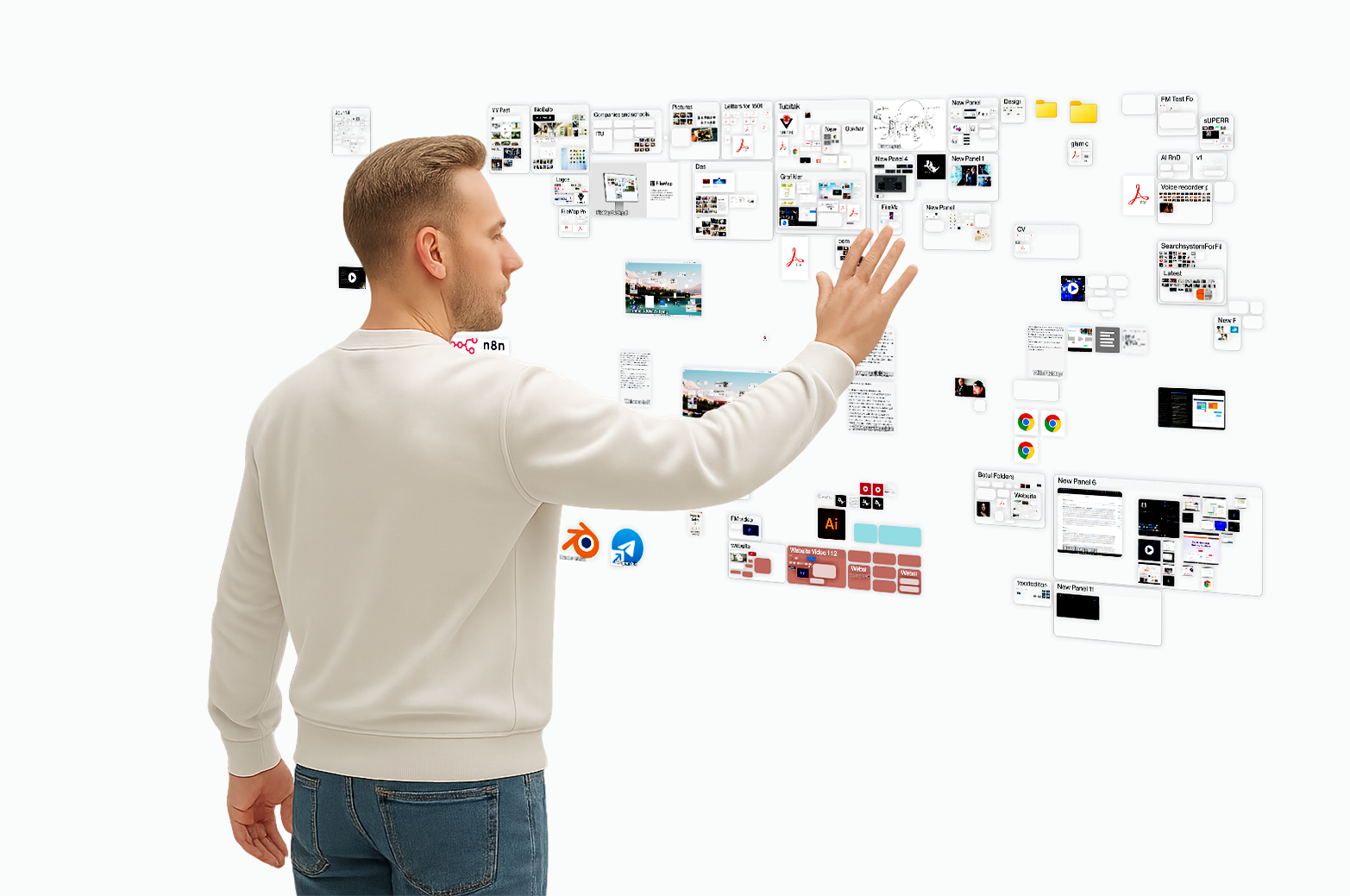 A person gesturing at a wall-sized spatial canvas filled with documents, images, panels, and applications arranged in meaningful clusters
