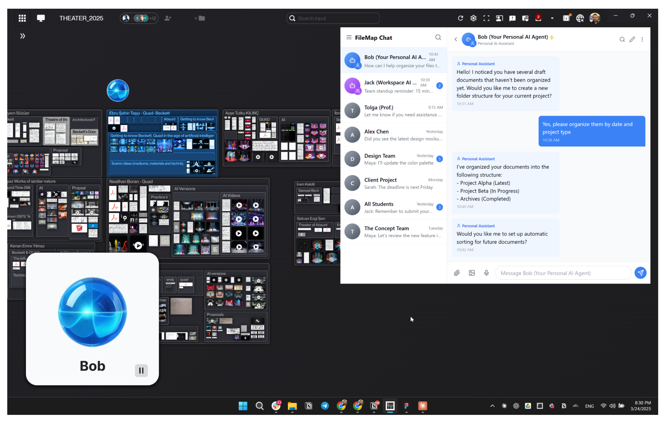 A collaborative FileMap workspace with a personal AI agent named Bob participating through chat while the project canvas stays visible behind it